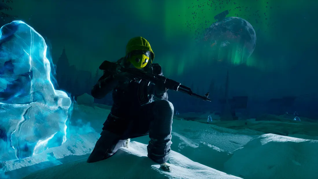 A survivor on a glacier under a green aurora and the shattered Moon in Permafrost