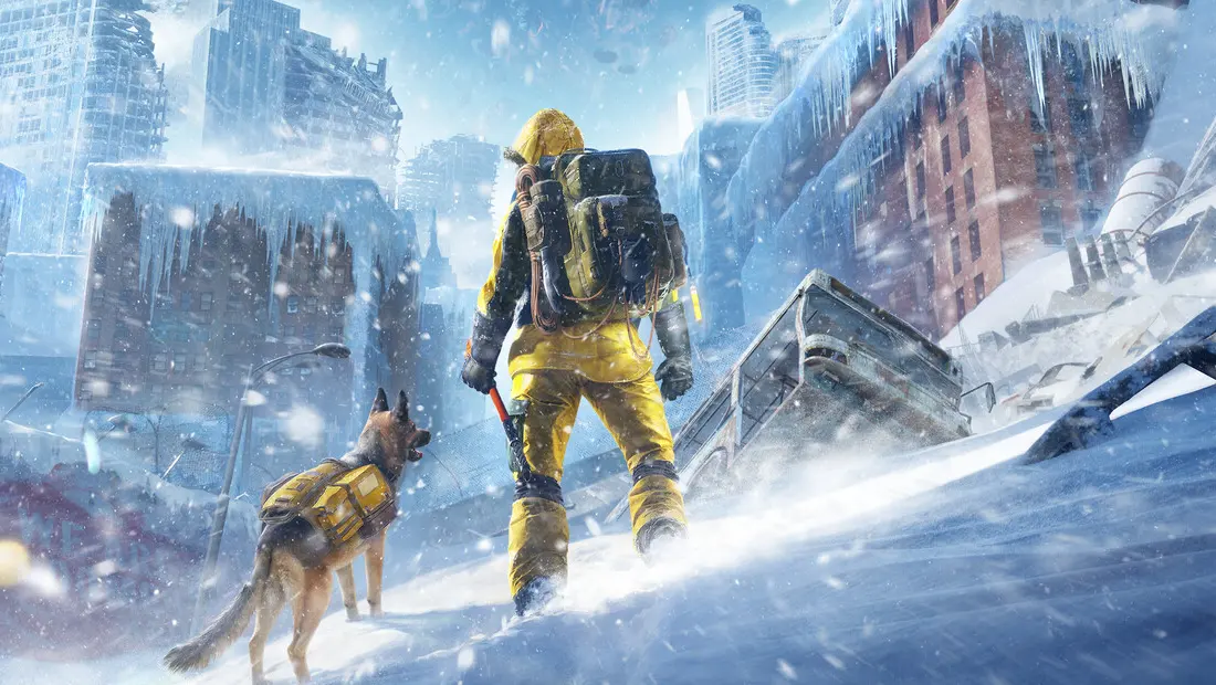 Permafrost key art of a survivor and dog in a frozen ruined city