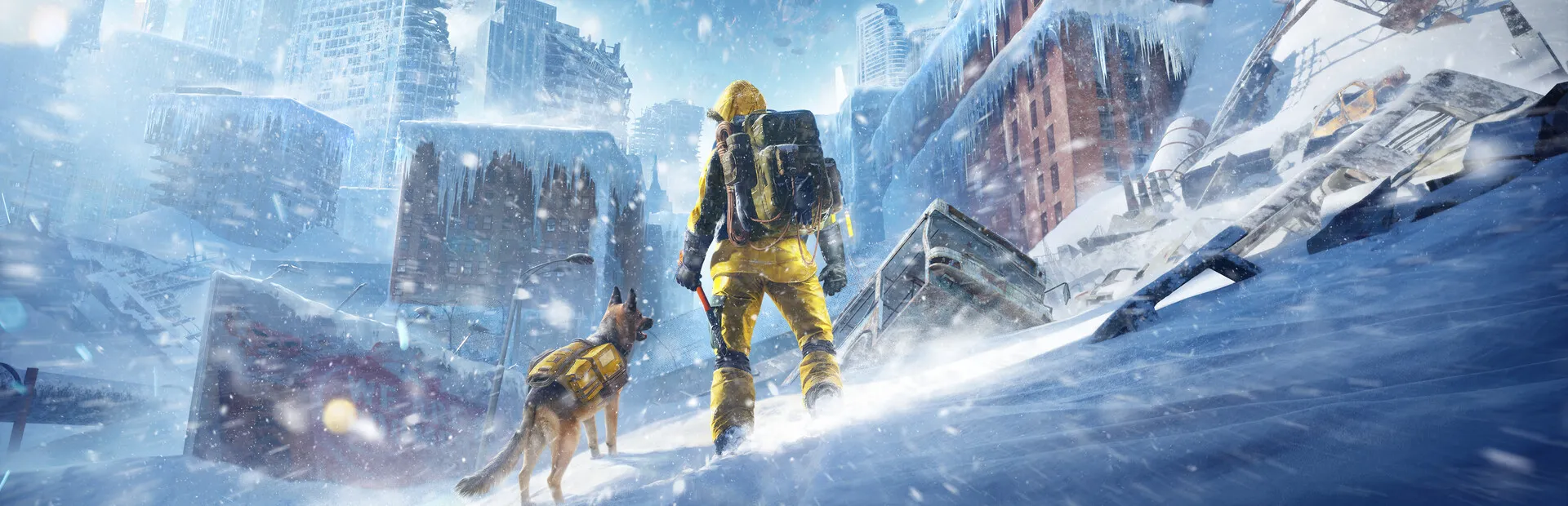 Permafrost key art: a lone survivor and dog in a frozen, snowbound landscape