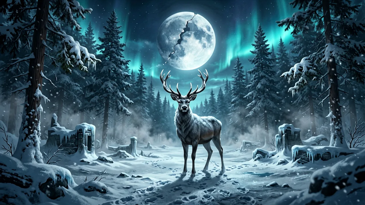 A lone wild deer standing in a snow-covered pine forest under a starry sky with a large shattered moon.