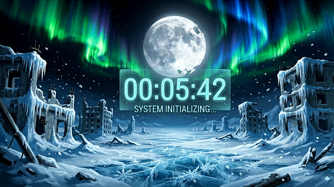 A shattered moon hanging over frozen urban ruins under a vivid aurora.