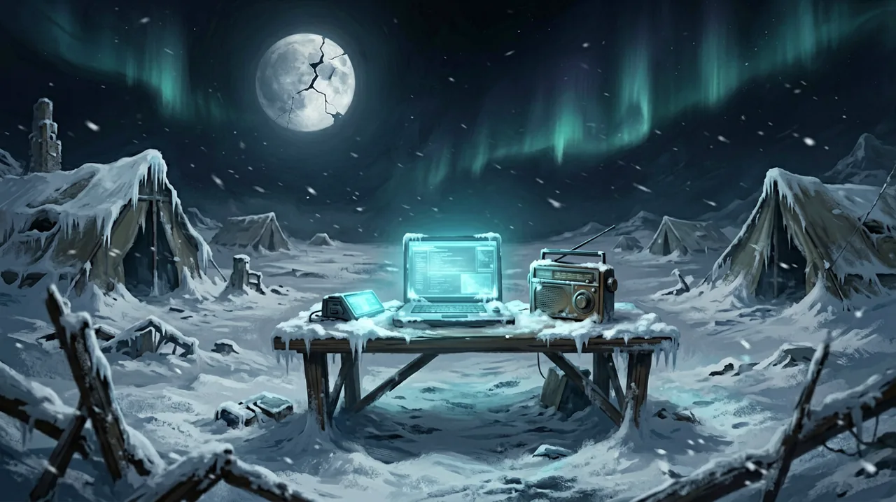 A makeshift communication post in a snowstorm, signaling the start of the playtest in the frozen wasteland.