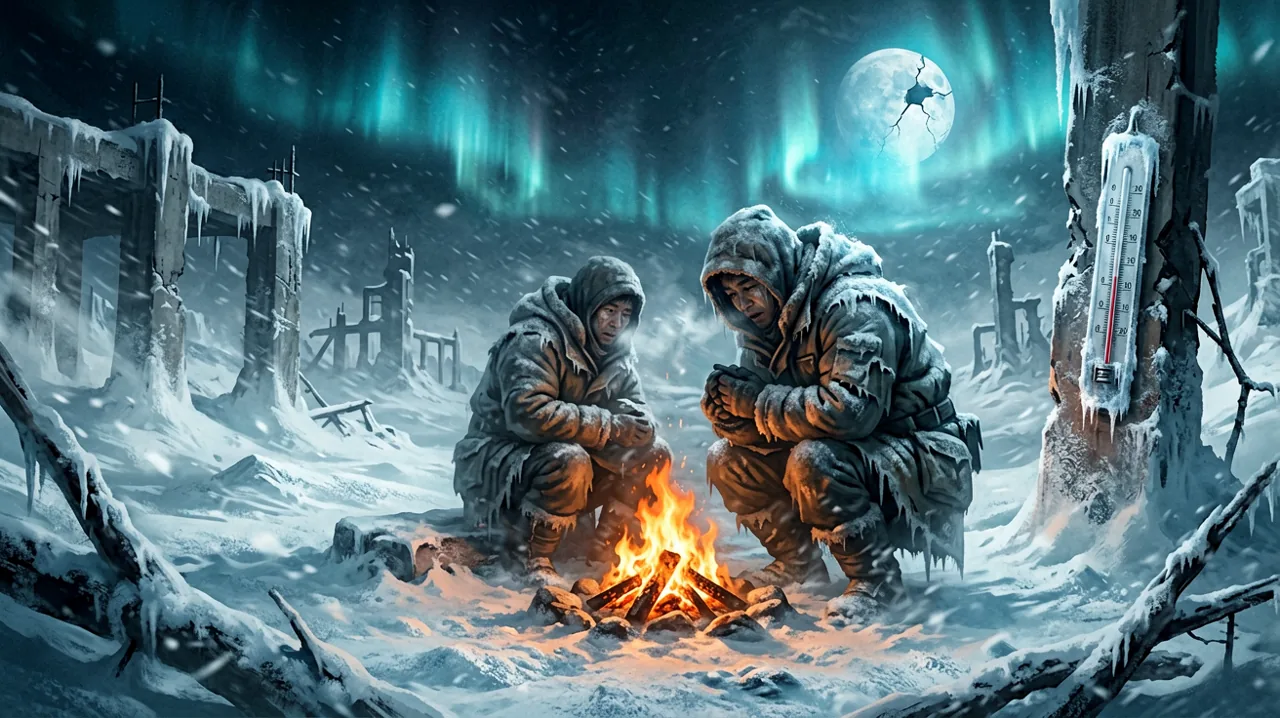A solitary survivor wearing heavy winter gear huddled close to a small campfire during a severe blizzard in a frozen wasteland.