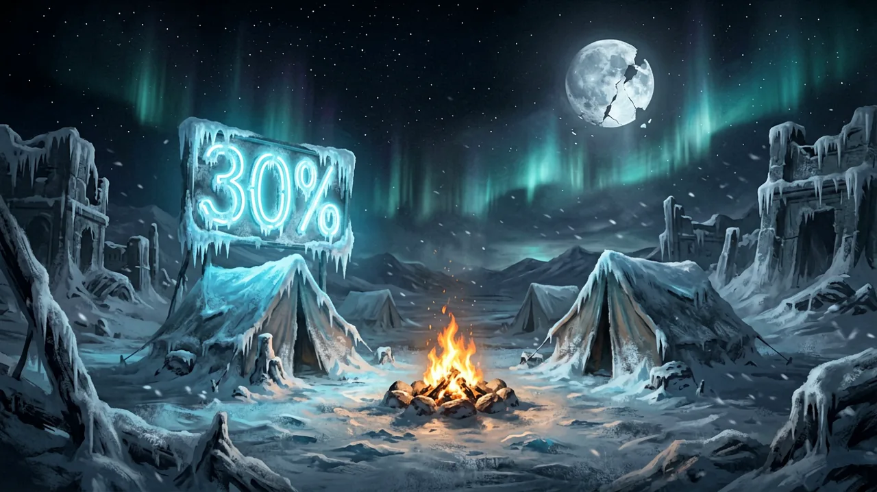 A frosty survivor camp at night with a glowing sign showing a percentage discount against the snowy backdrop