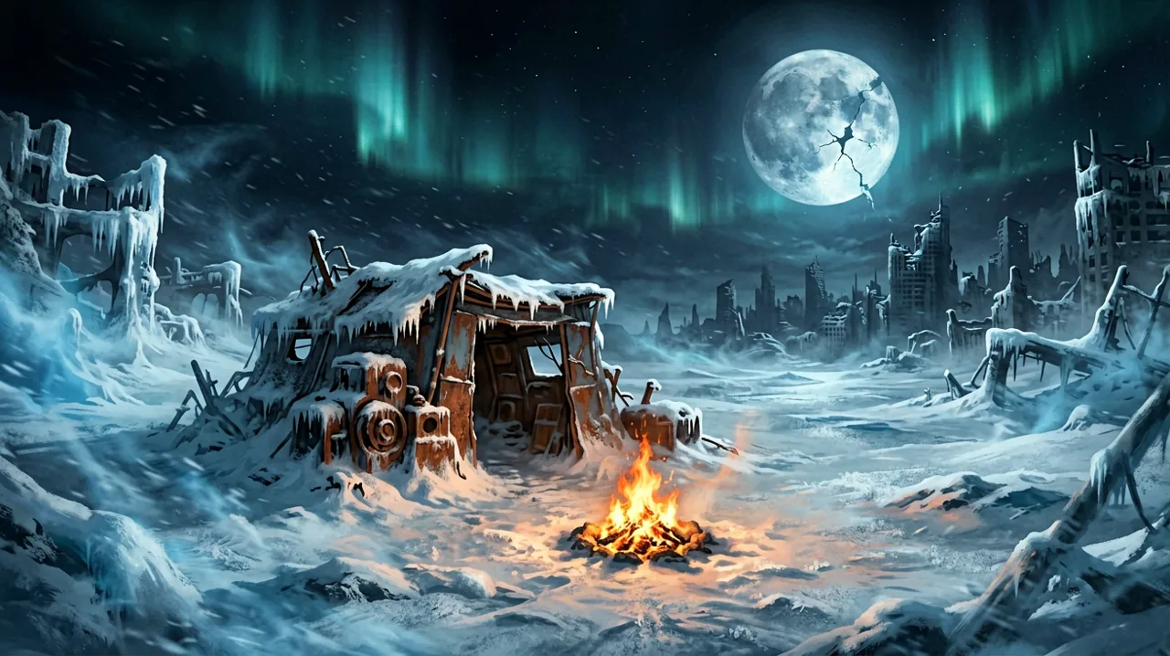 A bleak makeshift survival camp in the deep snow at night, contrasting warm firelight with the freezing blue wasteland.
