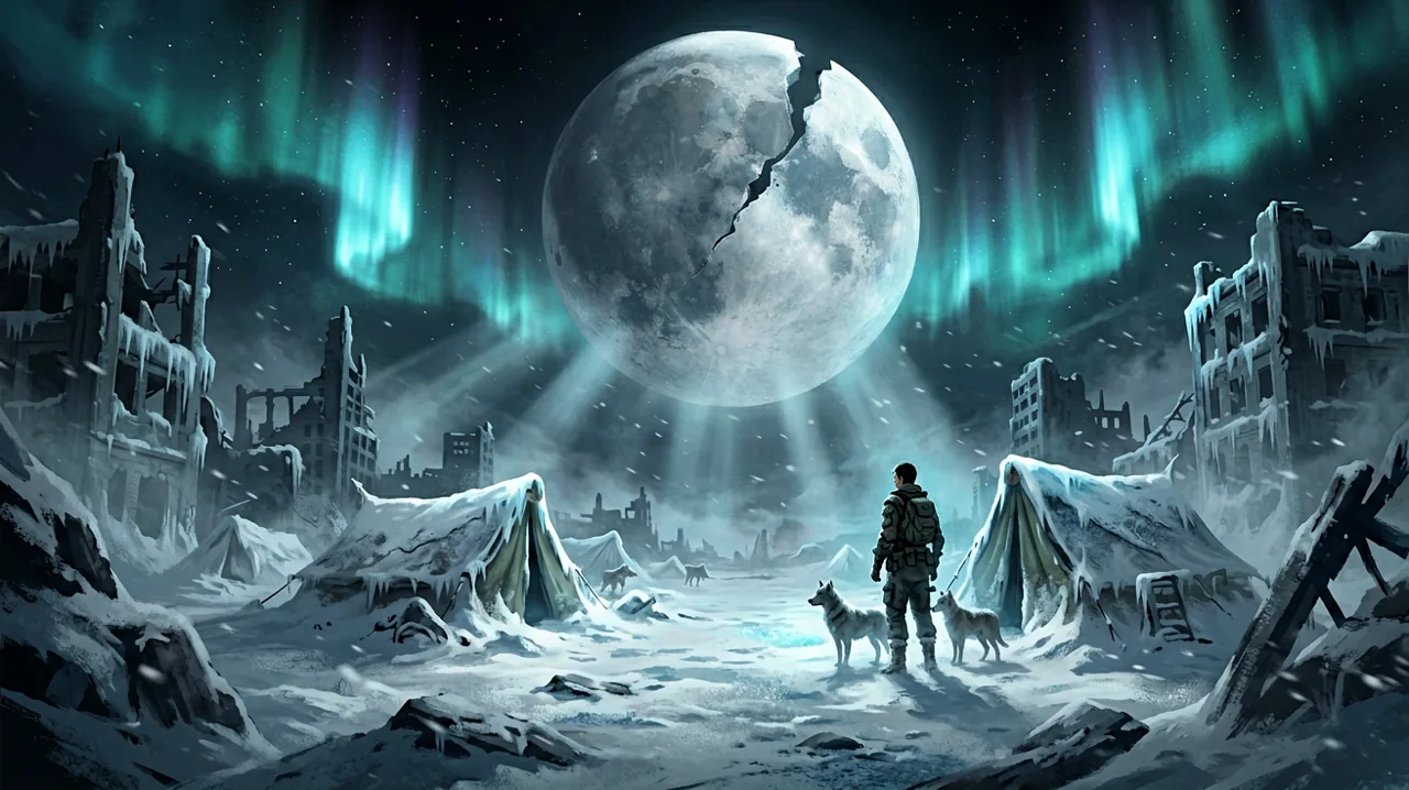 A fractured moon hanging over a frozen, ruined landscape illuminated by aurora lights
