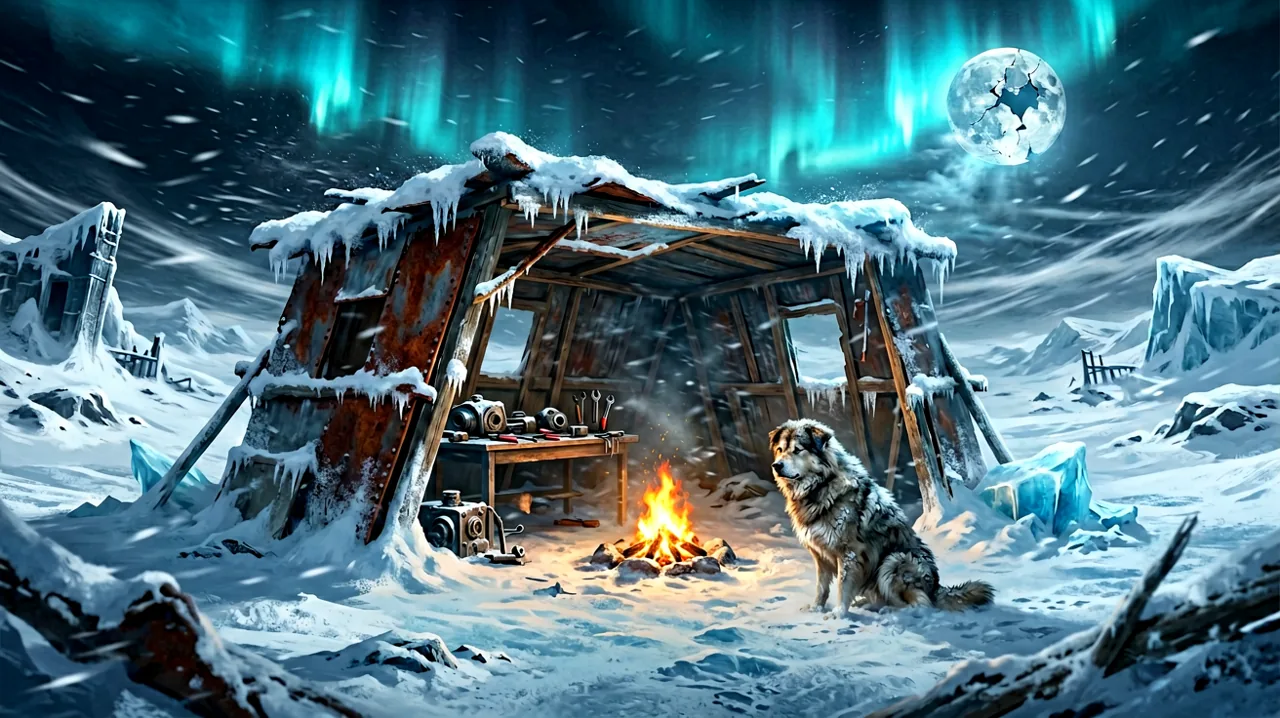 A makeshift survivor camp in a frozen wasteland during a fierce blizzard, featuring a glowing campfire and a solitary dog waiting out the storm.