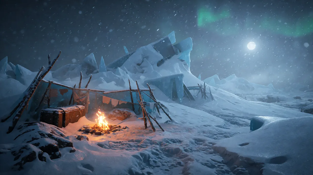 An atmospheric snow camp in a frozen wasteland, representing a safe starting point and early survival trials.
