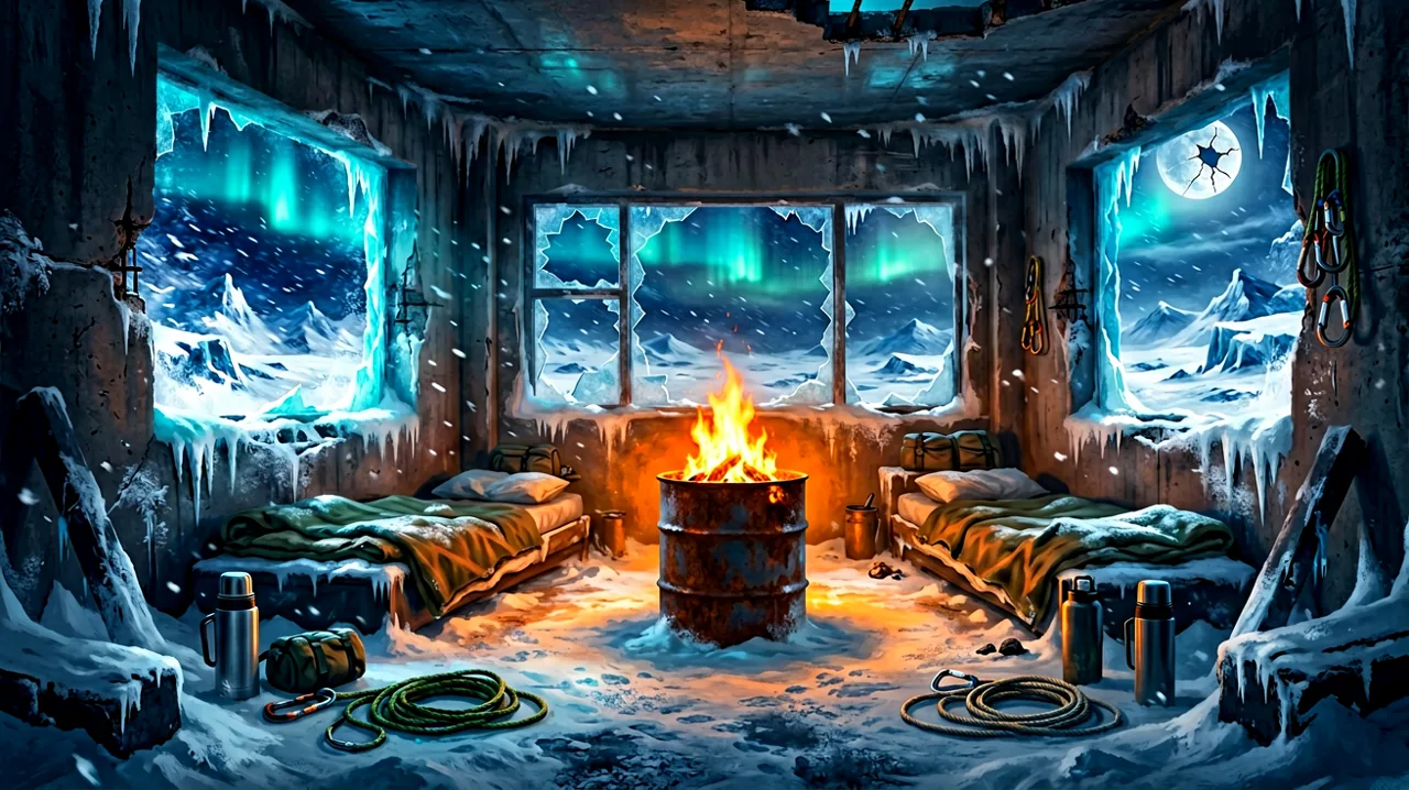 A dilapidated but warm survivor camp inside a frozen ruin, illuminated by the orange glow of a makeshift fire barrel against a backdrop of deep blue ice.