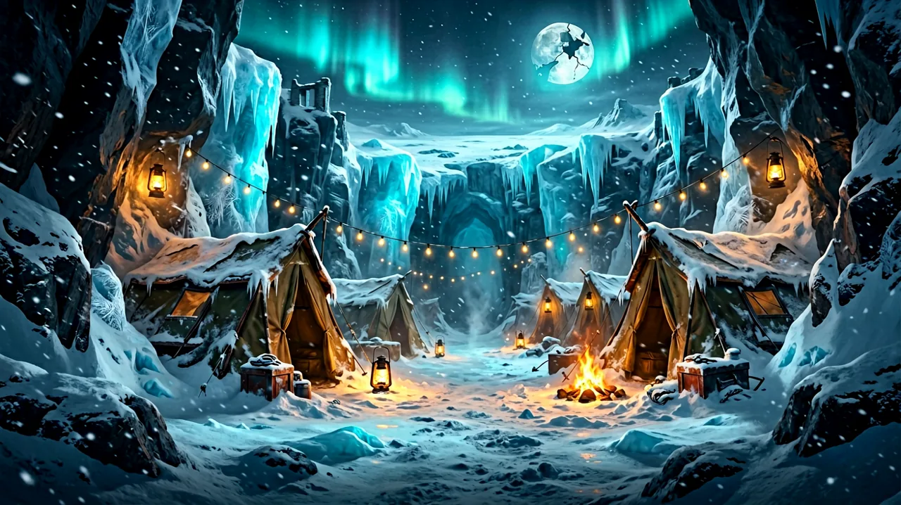 A hidden survivor sanctuary built into a snowy canyon, illuminated by warm glowing fires amidst a harsh frozen wasteland.