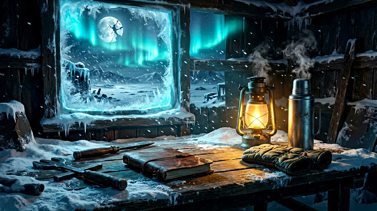 A survivor's workbench covered in improvised tools, a thermos, and heavy winter gear, illuminated by a warm lantern in a frozen shelter.