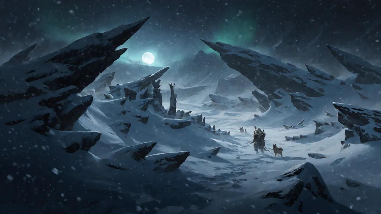 A harsh, frozen tundra with deep snowdrifts and jagged rock formations beneath a shattered moon, illustrating the brutal environment of the game.