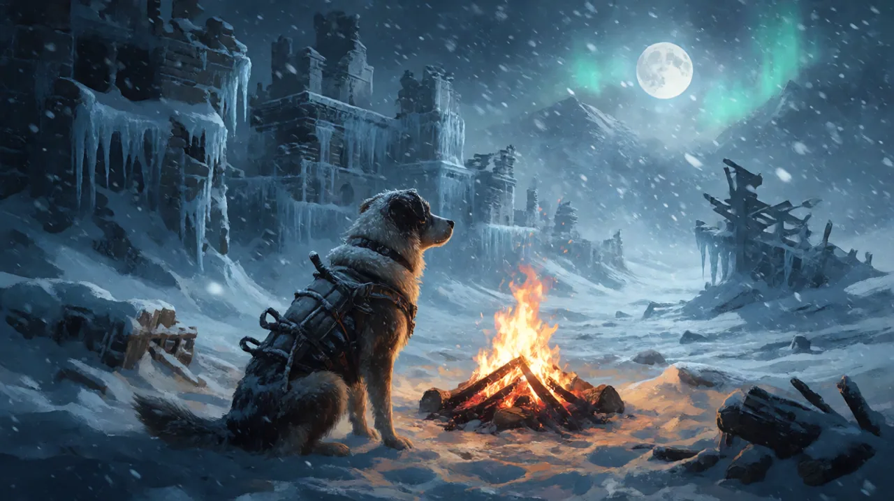 A rugged dog wearing a makeshift winter harness sitting attentively next to a crackling campfire in a snow-covered wasteland