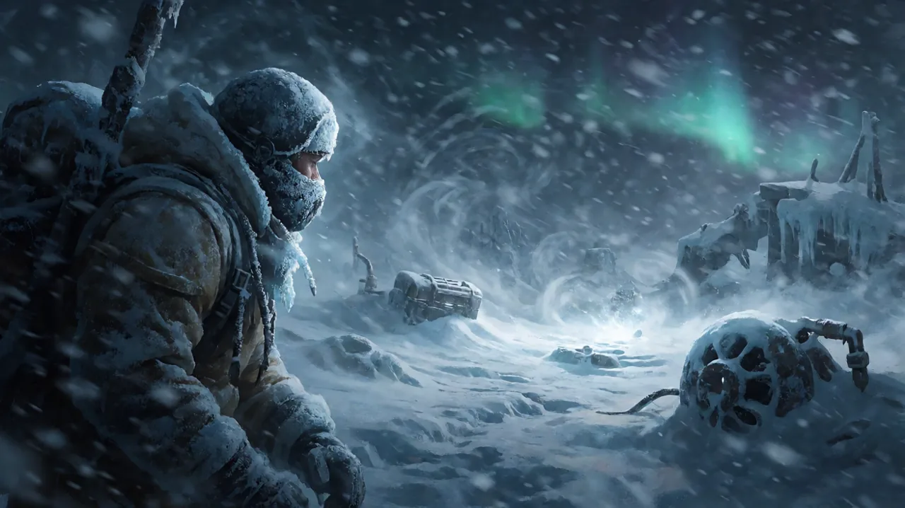 A solitary survivor wearing heavy winter gear peers into a violently swirling blizzard where the faint glow of high-tier loot crates is visible.
