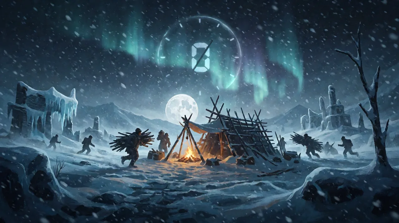 A hastily constructed survival camp in a blizzard with a large digital countdown clock hovering ominously in the icy sky.