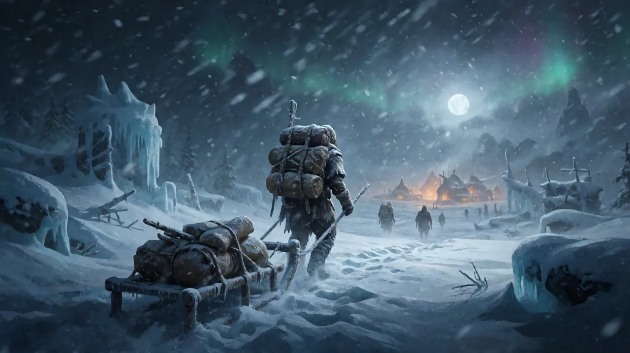 A heavily burdened wanderer dragging a makeshift sled through a severe blizzard towards a distant glowing settlement.