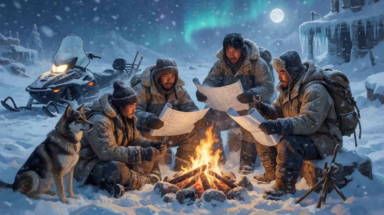 Four survivors huddled around a glowing campfire in a snowy wasteland, examining a rugged blueprint.