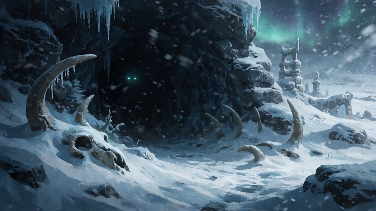 A dark, frost-covered cave entrance in a harsh winter landscape with scattered bones buried in the snow.