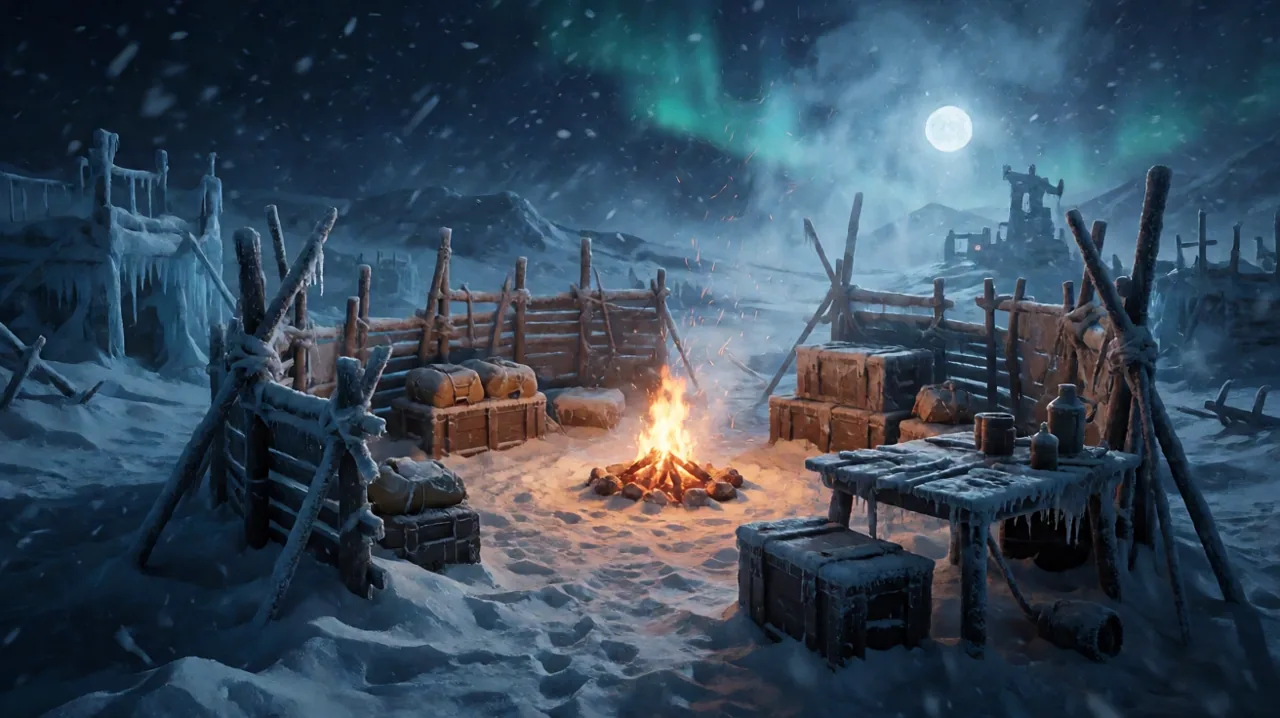 A survivor camp in a frozen wasteland during an active blizzard, featuring a roaring campfire surrounded by scattered supply crates.