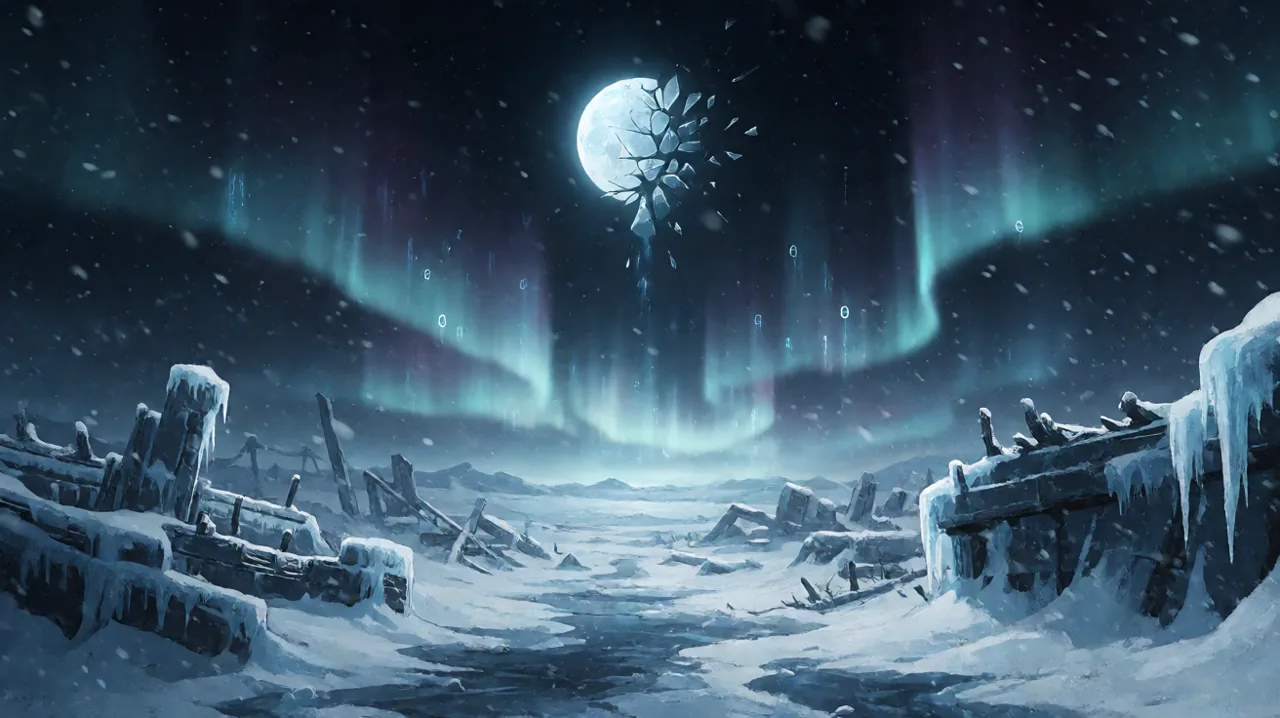 A shattered moon above frozen ruins with aurora and countdown atmosphere