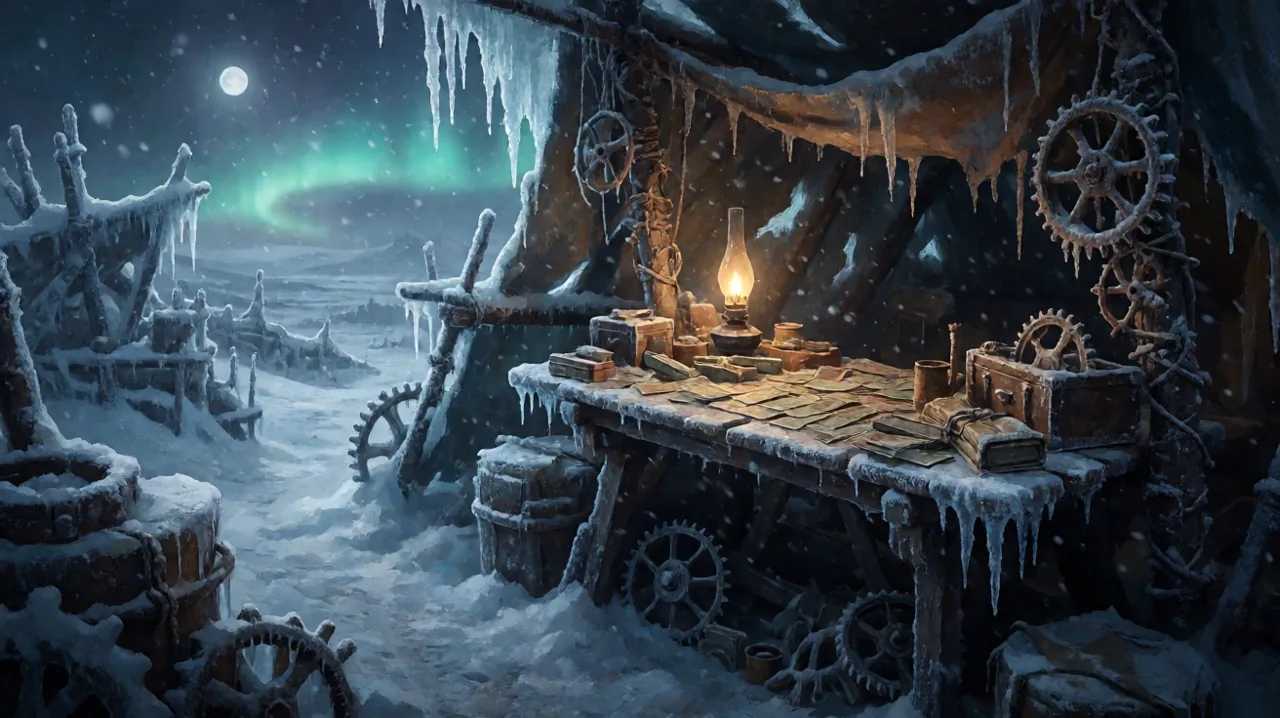 A frosted wooden trading desk covered in old world currency, scrap metal, and survival supplies illuminated by a flickering oil lamp.