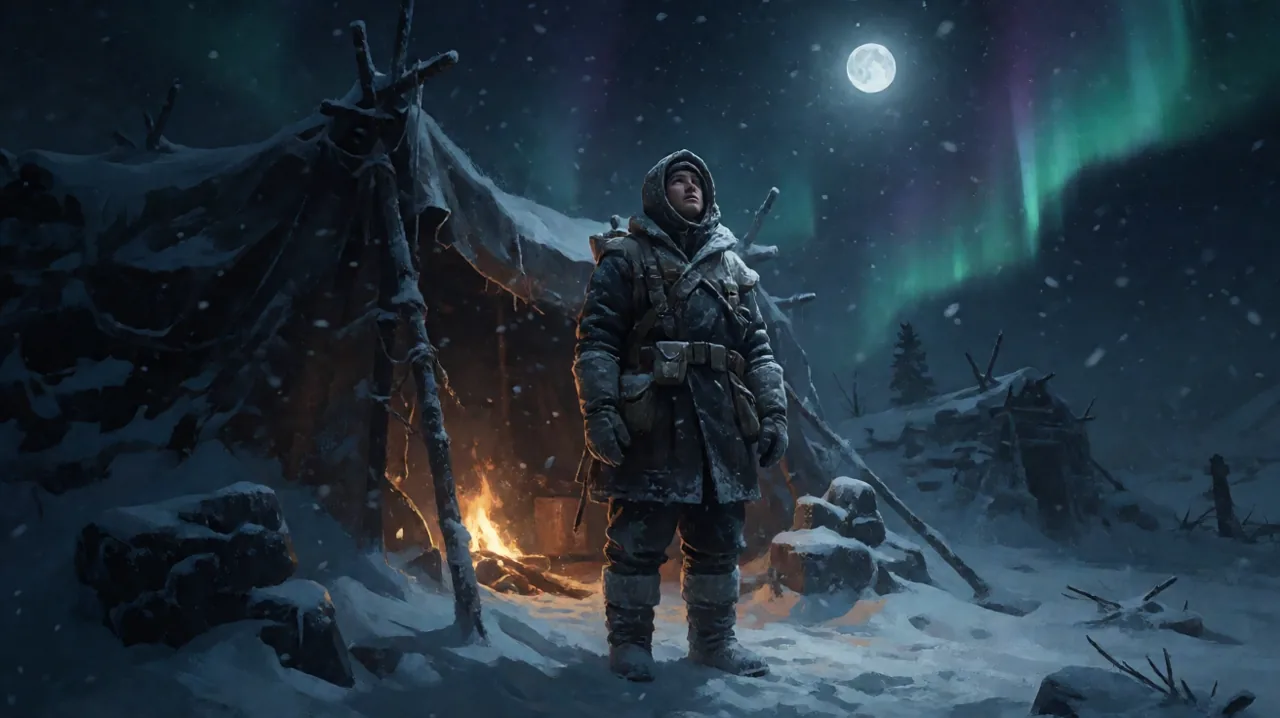 A lone survivor standing outside a snowy shelter, looking up at the aurora and a shattered moon.
