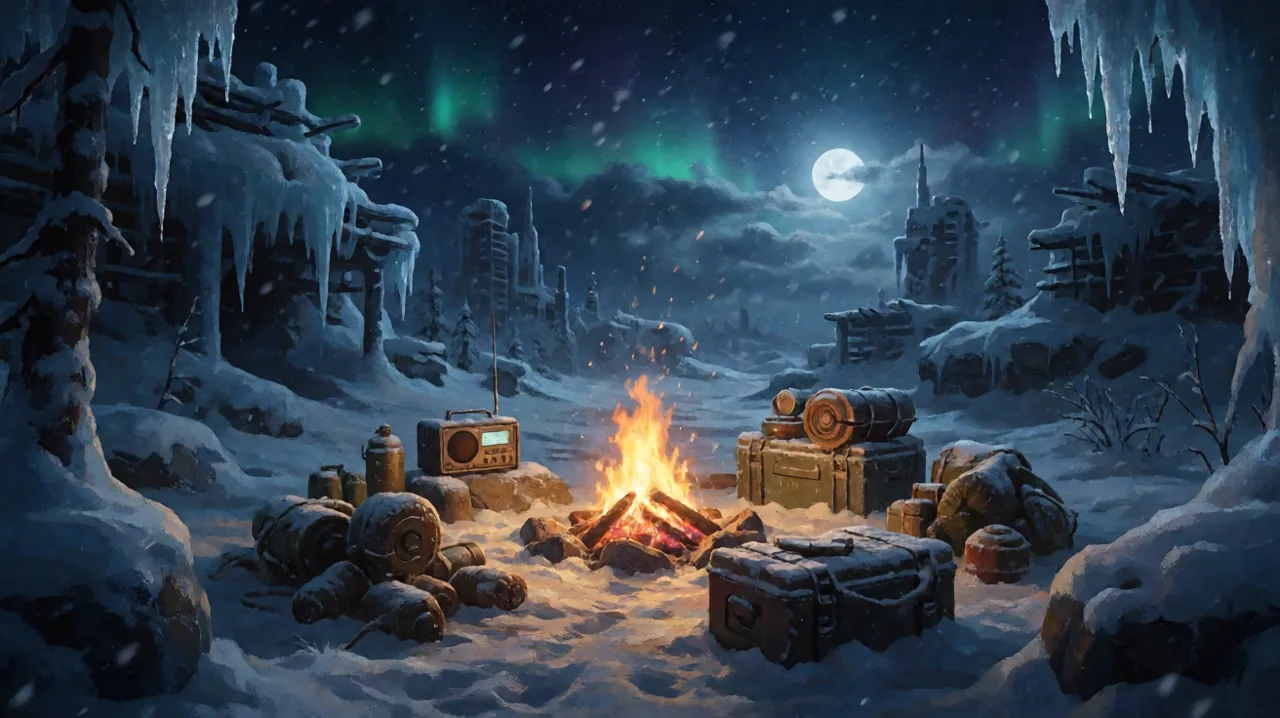 A warm campfire crackling in the snowy ruins of a city at night, surrounded by supplies and a radio receiver.