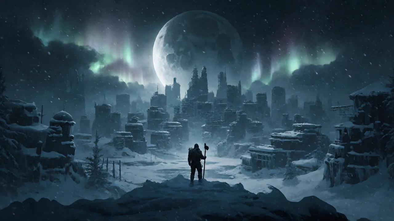 A lone survivor standing before a frozen city skyline with a shattered moon hovering above the icy wastes.