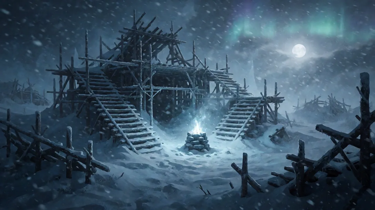A snowbound shelter outpost under a shattered celestial sky with a warm campfire illuminating timber structures in an icy blizzard.