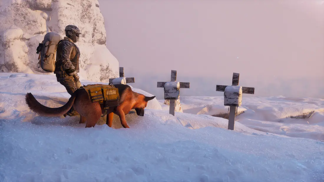 A survivor and their loyal dog in the snow in Permafrost