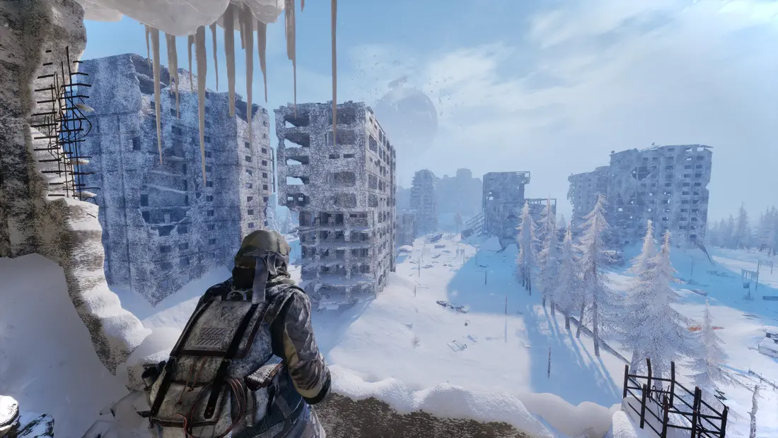 A survivor pushing through a blizzard in Permafrost