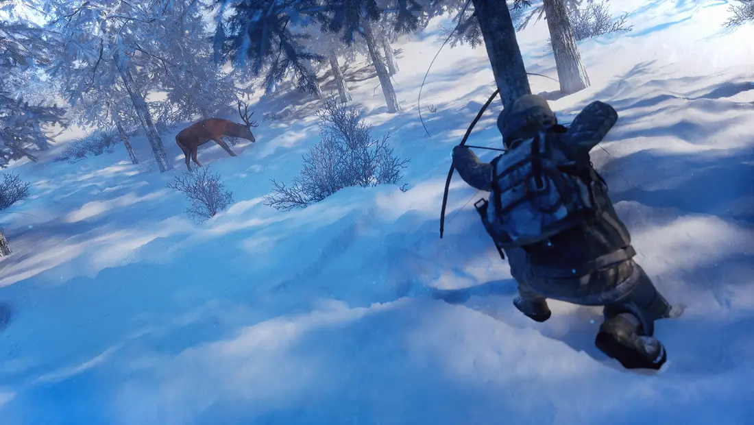 A survivor hunting a deer with a bow in a snowy forest in Permafrost