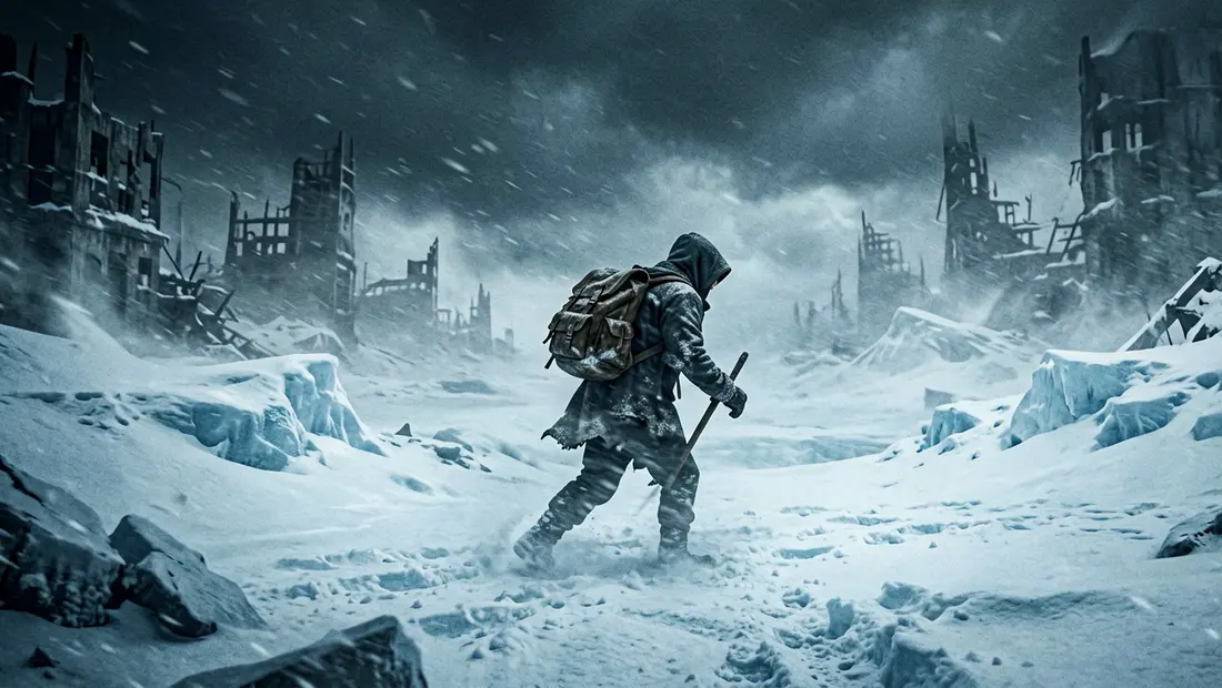 A blizzard rolling across a frozen landscape in Permafrost
