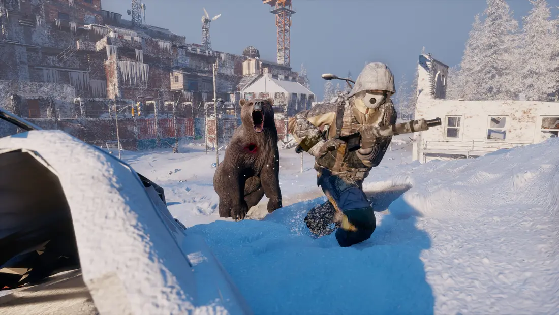 A survivor facing a charging bear in the snow in Permafrost